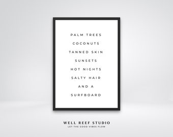 Palm Trees Coconuts and a Surfboard | Surf Gift | Minimal Surf Art Print | Surf Art Work | PRINTABLE Digital Downloadable Wall Art