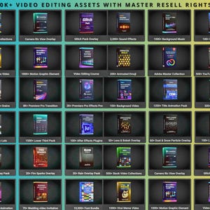 Op de afbeelding: Raster van video-editing assets met master wederverkooprechten. Bevat collecties van stockvideo's, overlays, geluidseffecten, achtergrondmuziek, logo-animaties en meer. De tekst op de afbeelding luidt "100K+ VIDEO EDITING ASSETS WITH MASTER RESELL RIGHTS."