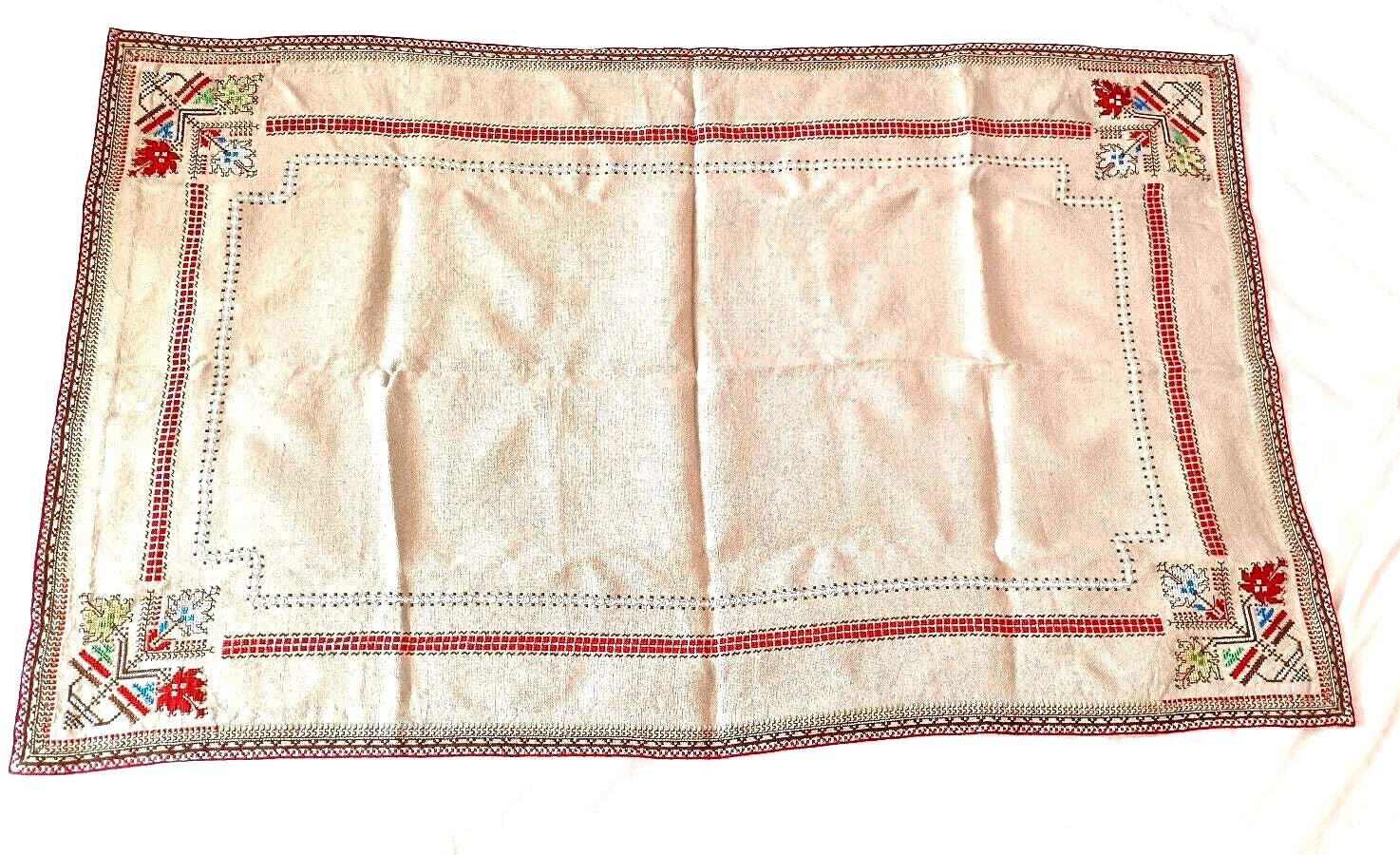 ヴィンテージ長方形クロスステッチテーブルクロスハンドメイドリネン