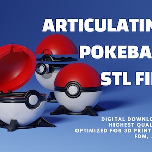 Pokeball Gearticuleerd 3D STL-bestandspakket | Pokemon-bestanden voor 3D-printers | 3D-print Pokeball-opening | Meerdelige montage STL Pokeball