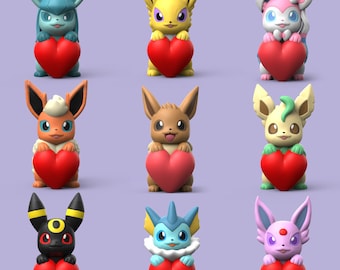Valentines Eevolutions Pokemon 3D STL Files | Pokemon Files For 3D Printers | Eevee, Espeon, Flareon, Glaceon, Vaporeon, Jolteon, Umbreon