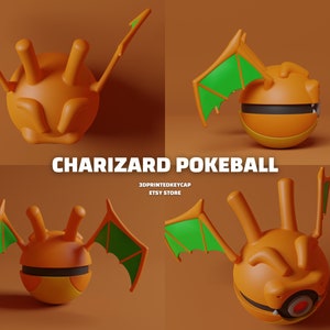 May include: A 3D printed Charizard Pokeball keychain with orange and green details. The Pokeball is closed and the Charizard's wings are spread out.