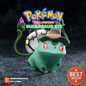 May include: A green 3D printed model of a Pokemon Bulbasaur wearing a witch's hat. The model is holding a Pokeball in its back. The text "Pokemon Halloween Bulbasaur STL" is displayed above the model. The text "Best Seller" is displayed in a star-shaped badge below the model.
