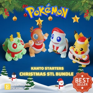 May include: Four Christmas-themed Pokemon figures: Bulbasaur, Charmander, Squirtle, and Pikachu. Each figure is wearing a Santa hat and a red and white Christmas outfit. The figures are arranged in a square on a blue background. The text "Kanto Starters Christmas STL Bundle" is displayed below the figures. The text "Best Seller" is displayed in a red circle with a white star on the right side of the image.