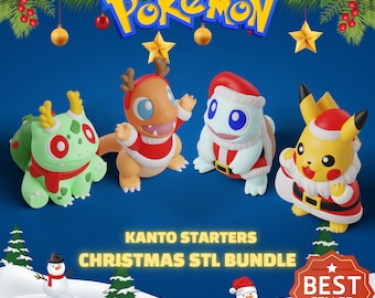 Christmas Pokemon Starters 3D STL File Pack | Pokemon Files For 3D Printers | 3D Print Pikachu, Squirtle, Charmender, Bulbasaur