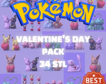 Valentine's Day Pokemon STL Pack | 3D Print Pokemon Files Bundle | 3D Print Pikachu, Charmender, Bulbasaur, Squirtle Model | Love, Heart