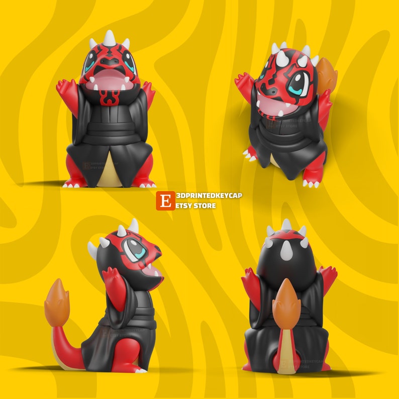May include: A red and black 3D printed figurine of a dragon wearing a black robe. The dragon has a red face with black eyes and a black mouth. The dragon is standing on a yellow background.