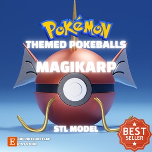 May include: A 3D printed model of a red and white Poké Ball with a gold fin and a gold hook on each side. The Poké Ball is themed after the Pokémon Magikarp. The text "Pokémon Themed Poké Balls Magikarp STL Model" is on the image. A red star-shaped sticker with the text "Best Seller" is in the lower right corner of the image.