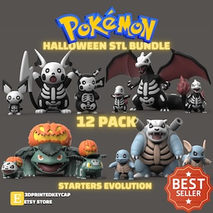 May include: A 12-pack Halloween-themed Pokemon STL bundle featuring 3D printable models of starter Pokemon in their skeleton and pumpkin forms. The text "POKEMON HALLOWEEN STL BUNDLE" and "12 PACK" is displayed at the top of the image. The text "STARTERS EVOLUTION" is displayed at the bottom of the image. The text "BEST SELLER" is displayed in a red star-shaped badge at the bottom right of the image.