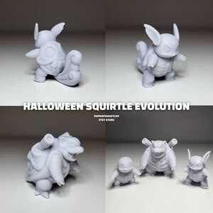 May include: Halloween themed 3D printed Squirtle, Wartortle, and Blastoise Pokemon figures. The figures are in a light grey colour and are posed in a variety of action poses. The figures are all in the Halloween theme, with Squirtle having a skull and crossbones on its shell, Wartortle having a pumpkin on its shell, and Blastoise having a ghost on its shell.