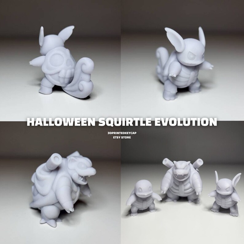 May include: Halloween themed 3D printed Squirtle, Wartortle, and Blastoise Pokemon figures. The figures are in a light grey colour and are posed in a variety of action poses. The figures are all in the Halloween theme, with Squirtle having a skull and crossbones on its shell, Wartortle having a pumpkin on its shell, and Blastoise having a ghost on its shell.