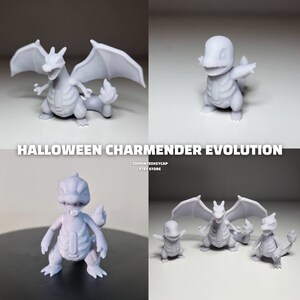 May include: A set of three 3D printed Halloween-themed Pokemon figures. The figures are Charmander, Charmeleon, and Charizard, all in a skeletal design. The figures are painted in a light grey colour.