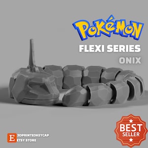 May include: A gray 3D printed articulated Onix Pokemon figure from the Flexi Series. The figure is made up of multiple connected segments, allowing it to bend and pose. The figure is posed in a curled position, with its head resting on the ground. The figure is a best seller.