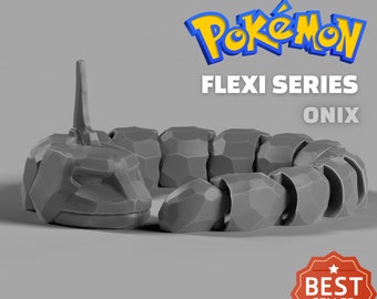 May include: A gray 3D printed articulated Onix Pokemon figure from the Flexi Series. The figure is made up of multiple connected segments, allowing it to bend and pose. The figure is posed in a curled position, with its head resting on the ground. The figure is a best seller.