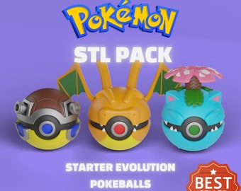 ポケボールポケモンテーマの3D STLファイルパック | 3Dプリンター用ポケモンファイル | リザードン、フシギバナ、カメックスの3Dプリントモデル