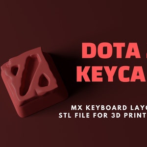 Op de afbeelding: Een rode, 3D-geprinte toetsdop met het Dota 2-logo. De toetsdop is ontworpen voor een MX-toetsenbordindeling en is beschikbaar als STL-bestand voor 3D-printen.