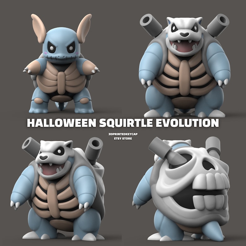 May include: Halloween themed 3D printed Squirtle evolution figures. The figures are blue and white with a skeletal design. The figures are posed in a standing position. The text "HALLOWEEN SQUIRTLE EVOLUTION" is displayed at the bottom of the image.
