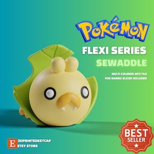 May include: A 3D printed model of Sewaddle, a Pokemon from the fifth generation of Pokemon games. The model is yellow with green leaves and is designed to be printed on a 3D printer. The model is available in a multi-colored MF3 file for Bambu Slicer.