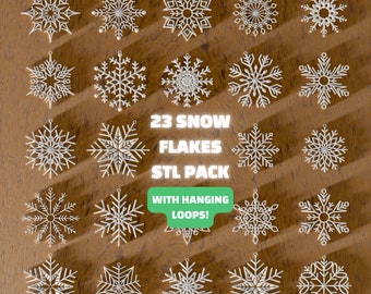 23 Big Snowflakes STL Pack with Loops | Snowflake Ornament | Christmas 3D Print | Christmas Tree Ornament 3D Model | Christmas Gift