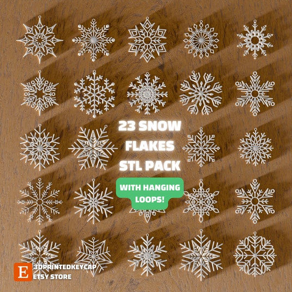 23 Big Snowflakes STL Pack with Loops | Snowflake Ornament | Christmas 3D Print | Christmas Tree Ornament 3D Model | Christmas Gift