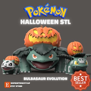 May include: A 3D printed model of the Pokemon Bulbasaur evolution line, featuring Bulbasaur, Ivysaur, and Venusaur. Each Pokemon is wearing a jack-o-lantern on its head. The models are green and have a Halloween theme. The text "Pokemon Halloween STL" and "Bulbasaur Evolution" are visible in the image.