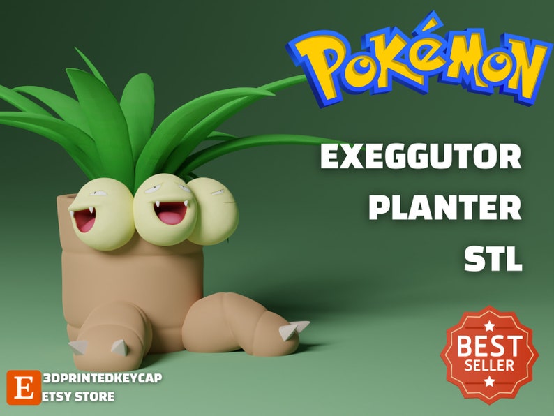 May include: A 3D printed planter shaped like the Pokemon Exeggutor. The planter is brown and green and has three heads. The planter is labeled "Exeggutor Planter STL" and "Best Seller".
