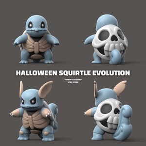 May include: Halloween themed 3D printed Squirtle, Wartortle, and Blastoise Pokemon figures. Each figure has a skull and crossbones design.
