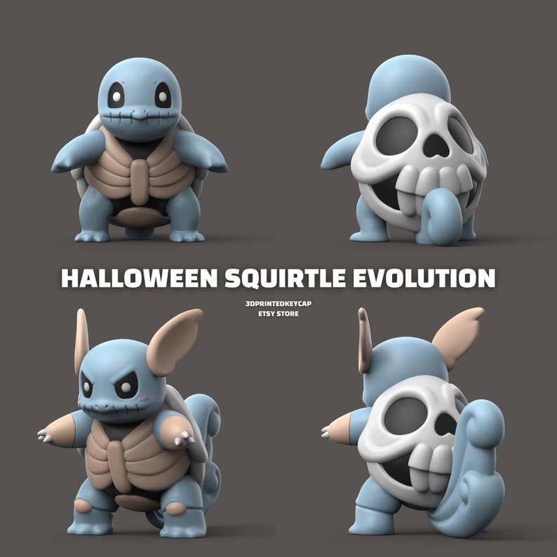 May include: Halloween themed 3D printed Squirtle, Wartortle, and Blastoise Pokemon figures. Each figure has a skull and crossbones design.