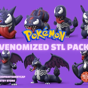 May include: A set of 3D printable STL files featuring Pokemon characters with a Venomized design. The characters include Pikachu, Charmander, and Gengar. The image includes the text "Venomized STL Pack".