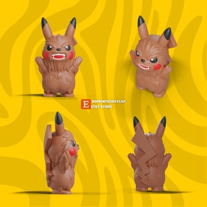 May include: A brown 3D printed Pikachu keychain with a furry texture and angry expression. The keychain is shown from four different angles.