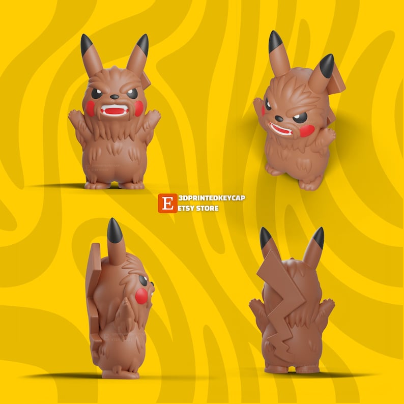 May include: A brown 3D printed Pikachu keychain with a furry texture and angry expression. The keychain is shown from four different angles.
