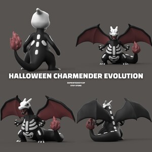 May include: Halloween Charmander Evolution 3D printed keycap Etsy store.  Charmander, Charmeleon, and Charizard are depicted as skeletons with black and white colouring.  The fire tail is red and orange.