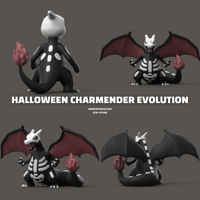 May include: Halloween Charmander Evolution 3D printed keycap Etsy store.  Charmander, Charmeleon, and Charizard are depicted as skeletons with black and white colouring.  The fire tail is red and orange.
