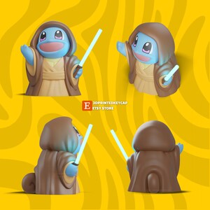 May include: A blue and brown 3D printed figurine of a Pokemon character holding a blue lightsaber. The character is wearing a brown robe and has a light blue face with large eyes. The background is a yellow and brown pattern.