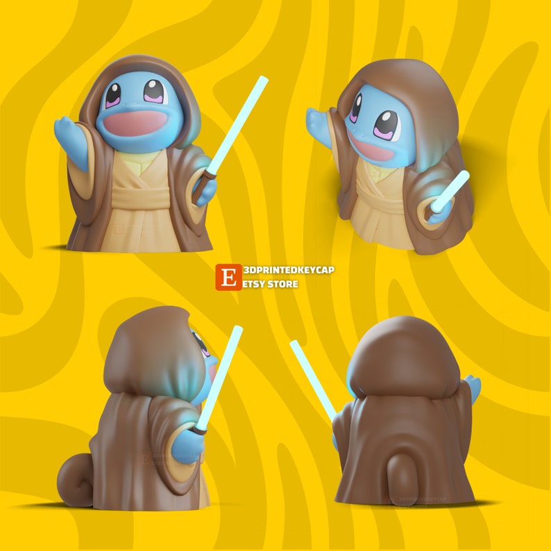 May include: A blue and brown 3D printed figurine of a Pokemon character holding a blue lightsaber. The character is wearing a brown robe and has a light blue face with large eyes. The background is a yellow and brown pattern.
