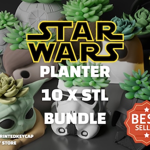 Pode incluir: Um conjunto de 10 arquivos STL de vasos de personagens de Star Wars para impressão 3D. Os vasos apresentam personagens como Darth Vader, Yoda e R2-D2. A imagem também inclui o texto "STAR WARS PLANTER 10 X STL BUNDLE BEST SELLER".