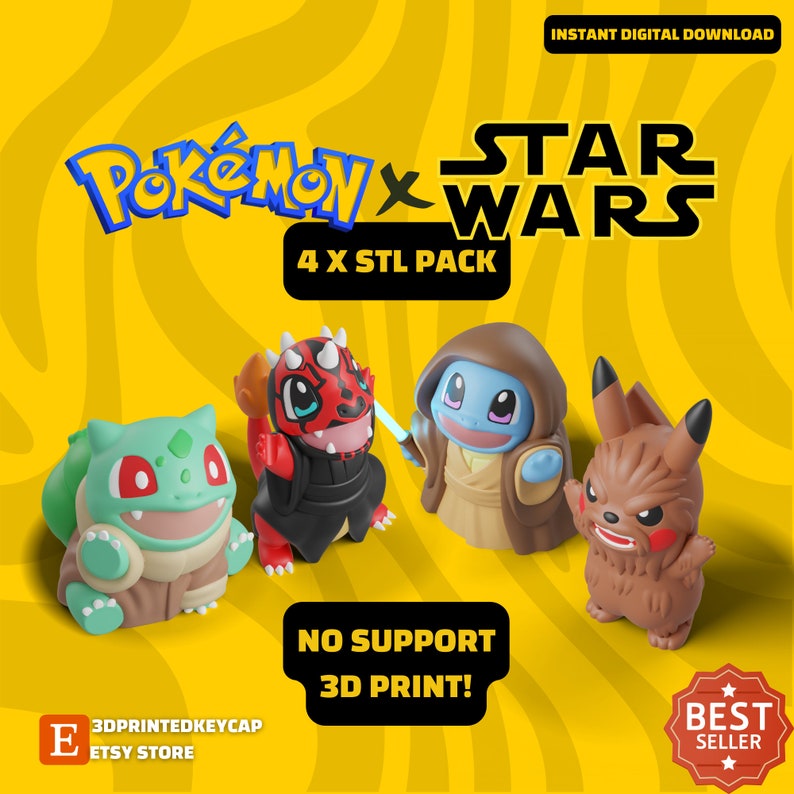 May include: A digital download pack of four 3D printable STL files featuring Pokemon characters in Star Wars costumes. The characters are Bulbasaur as a Jedi, Charizard as Darth Vader, Squirtle as a Jedi, and Pikachu as Chewbacca. The image has a yellow background with the text "Pokemon x Star Wars 4 x STL Pack" and "No Support 3D Print!"