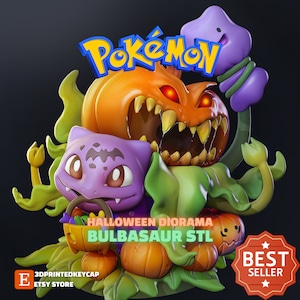 May include: A 3D printed model of a Halloween-themed Bulbasaur Pokemon diorama. The model features a pumpkin-headed Bulbasaur with a candy bucket, a purple ghost, and a green vine with leaves. The text "HALLOWEEN DIORAMA BULBASAUR STL" is displayed on the model. The text "BEST SELLER" is displayed on a red star.
