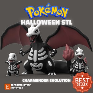 May include: Halloween themed 3D printable STL files of the Pokemon Charmander evolution line. The models are black with white skeletal details. The text "Pokemon Halloween STL" and "Charmander Evolution" are visible in the image. A "Best Seller" badge is also visible.