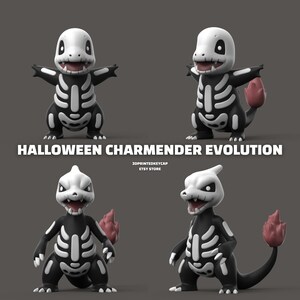 May include: Halloween Charmander Evolution 3D printed keycap Etsy store.  Charmander, Charmeleon, and Charizard are depicted as skeletons with black and white colouring.