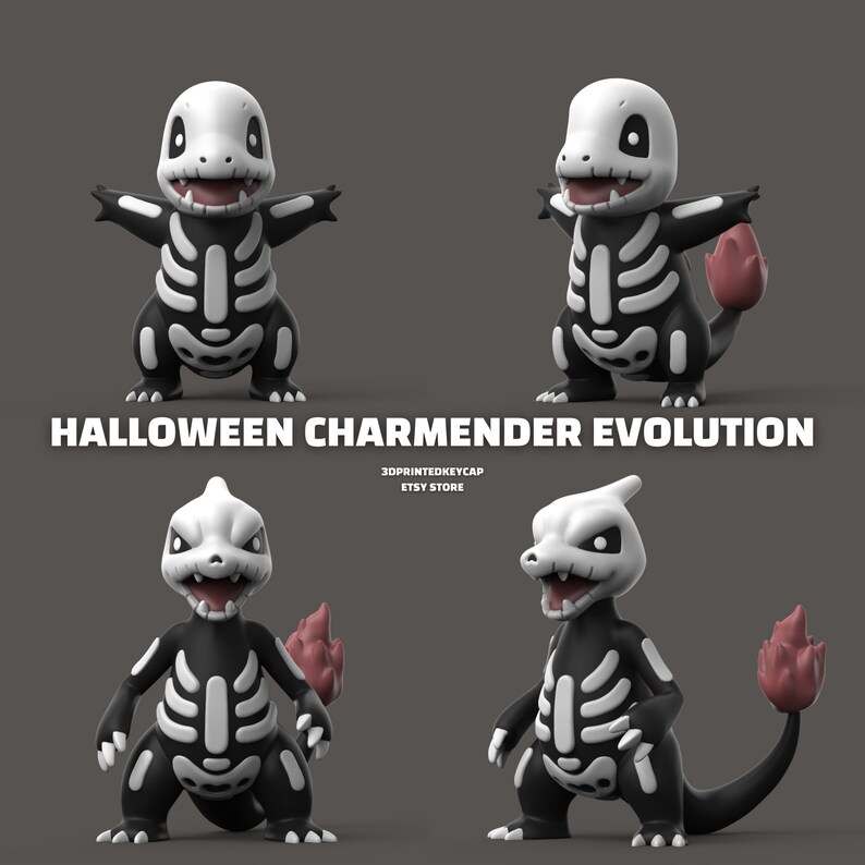 May include: Halloween Charmander Evolution 3D printed keycap Etsy store.  Charmander, Charmeleon, and Charizard are depicted as skeletons with black and white colouring.