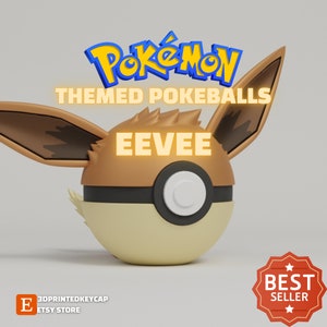 May include: A brown and tan Poké Ball with Eevee's ears and face on it. The Poké Ball is a 3D printed item and is a Pokémon themed Poké Ball. The text "Pokemon Themed Pokeballs Eevee" is on the image. The image also has a red star with the text "Best Seller" on it.