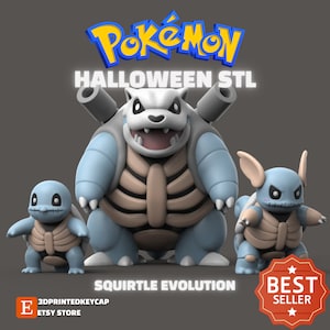 May include: A 3D printed model of the Pokemon Squirtle evolution line, featuring Squirtle, Wartortle, and Blastoise. The models are designed in a Halloween theme, with the Pokemon wearing skeletal costumes. The image includes the text "Pokemon Halloween STL" and "Squirtle Evolution".