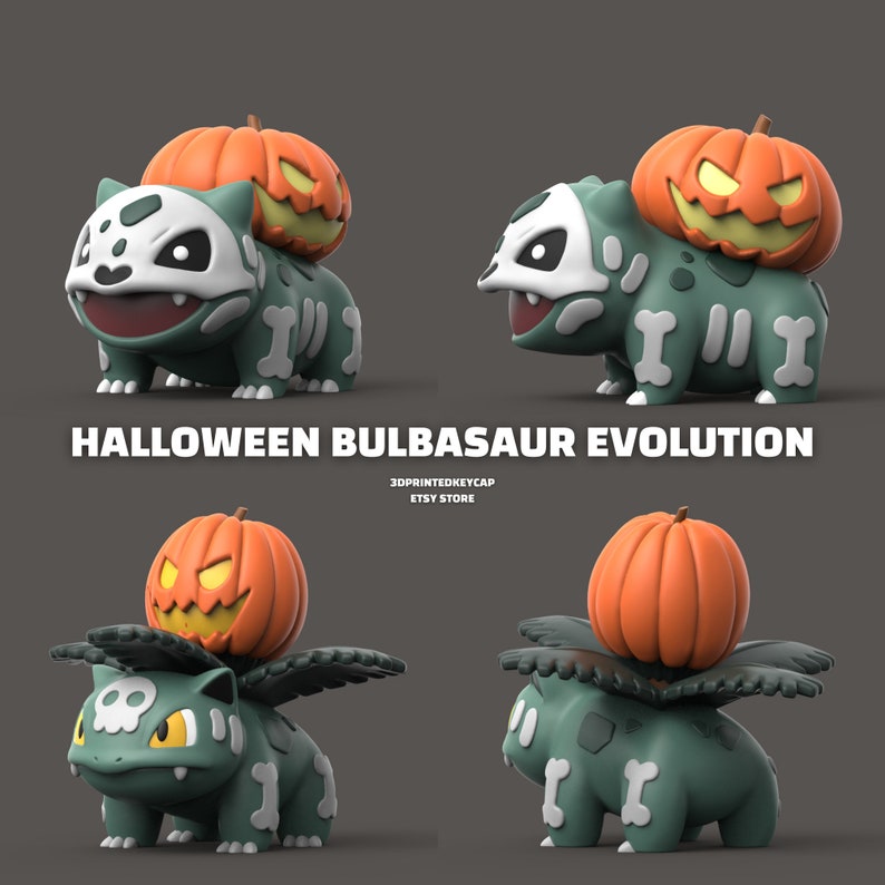 May include: Four different Halloween themed Bulbasaur Pokemon figures. Each figure is green with a skull and bones design and is topped with a jack-o-lantern pumpkin.