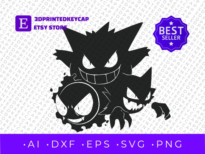 Peut inclure: Silhouette noire et blanche de trois personnages Pok&eacute;mon&nbsp;: Gengar, Haunter et Gastly. Les personnages sont dans une pose mena&ccedil;ante, la bouche ouverte et les crocs apparents. L&rsquo;image est sur un fond blanc avec le texte &laquo;&nbsp;3DPRINTEDKEYCAP ETSY STORE&nbsp;&raquo; et &laquo;&nbsp;BEST SELLER&nbsp;&raquo; dans les coins sup&eacute;rieurs.
