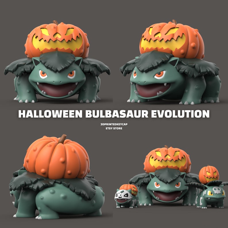 May include: Halloween themed Bulbasaur evolution figures. The figures are green with orange pumpkin hats. The smallest figure has a skull and crossbones on its back. The largest figure has a pumpkin hat with a carved jack-o'-lantern face.
