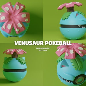 May include: A blue and green Pokeball with a pink Venusaur flower on top. The Pokeball is open, revealing the Venusaur inside. The Pokeball is a 3D printed keycap.