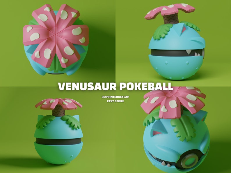 May include: A blue and green Pokeball with a pink Venusaur flower on top. The Pokeball is open, revealing the Venusaur inside. The Pokeball is a 3D printed keycap.