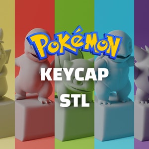 Puede incluir: Cinco teclas de Pokemon impresas en 3D en varios colores, incluyendo amarillo, rojo, verde, azul y morado. Las teclas presentan diferentes personajes de Pokemon, incluyendo un Pikachu detective, un Snorlax, un Bulbasaur, un Charmander y un Gengar. Las teclas están etiquetadas como "Pokemon Keycap STL".