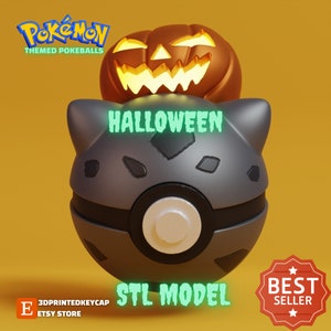 May include: A gray and black themed Pokéball with a carved pumpkin on top, with the word "Halloween" in green. The image also includes the text "STL MODEL" and the Etsy store logo.